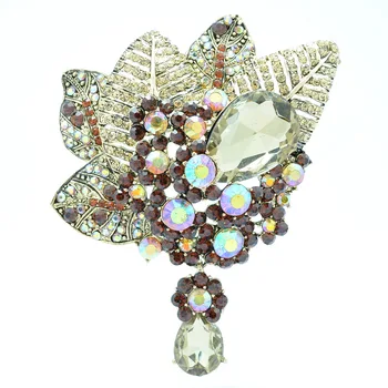 Trendy Lacrimă De Frunză De Floare Broșă Broșă Pin W/ Maro Stras Cristale 6408