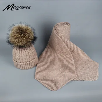 Tricotate Eșarfă și Pălărie Set pentru Femei și Copii de Lux Cald Iarna capac de Croșetat și eșarfe cu Blana naturala pompom Beanie Chelioși
