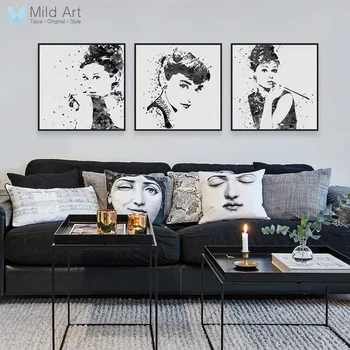 Triptic Original Acuarelă Alb Negru Audrey Hepburn Pop Star De Cinema De Artă Amprente Fata Poster Imagine Panza Pictura Decor De Perete