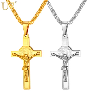 U7 Isus Bucată latină Crucea Pandantiv Colier Cadou de Crăciun de Culoare de Aur 316L din Oțel Inoxidabil Pentru Barbati Lanț Creștin Bijuterii P726
