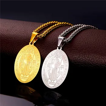 U7 Saint Benedict Coliere Rotunde Medalie De Aur Din Oțel Inoxidabil De Culoare Cruce Pandantive & Lanț Catolicism Bijuterii Pentru Barbati Cadou P763