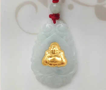 Un Set De 24K aur Galben și Naturale / Jadeit Sculptate Buddha Kwan-Yin Pandantiv