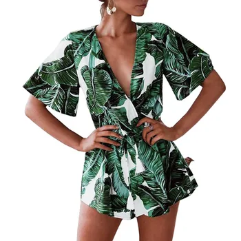 Vara 2018 Verde cu imprimeu Frunze Boem Salopete pentru Femei Salopetă pentru Femei Salopeta Sexy V-Neck Loose Bodysuit Salopete Salopete