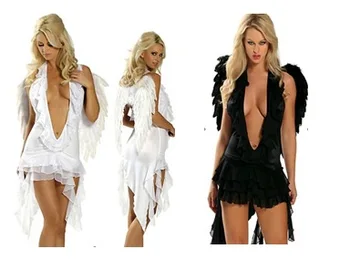VASHEJIANG Sexy Alb Negru Înger de Întuneric Low Cut Volane Rochie Mini Rochie Fancy Costume de Noapte pentru Adulți Costum de Petrecere