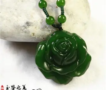 Verde Natural, sculptat manual Chineză Hetian Jad Bujor Forma Pandantiv Colier Lanț Pulover Bijuterii Cadou en-Gros
