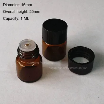 Vânzare fierbinte 100 x 1ML Mini Flacon din Sticlă brună cu Orificiu Reductor & Capac Negru, 1/4 Dram Mici Esențial Sticla