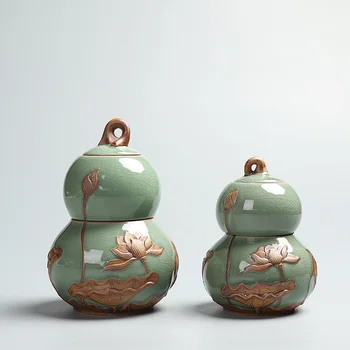 ȘORȚULEȚ Relief Lotus Ceramice Cutii de Ceai Drăguț Tărtăcuță Forma de Ceai Caddy Ceremonia Ceaiului Accesorii Două Straturi Sigilat Borcane de Depozitare