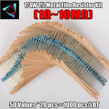1000 Buc 50 Valori de 1/4W Rezistențe cu Film Metalic de Rezistență Sortiment Kit Set 1% Film Rezistor Kituri Electrice Noi