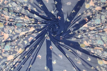 150cm latime 75d imprimate tesatura de sifon fluture și flori CH6357 pentru fusta de vara costum-rochie albastru