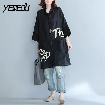 #1707 Înapoi imprimare Jumătate maneca guler de Turn-down Buzunare Bluza Vintage femei Usoare coreeană de moda de îmbrăcăminte de Mari dimensiuni bluze