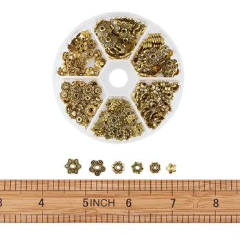 1Box Stil Mixt Stil Tibetan Aliaj de Flori Șirag de mărgele Capace, Epocă de Aur, 7~10x4~10mm, Orificiu: 1~2mm; despre 30pcs/compartiment