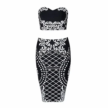 2016 iarna mai noi imprimare sexy femei strapless rochie bandaj alb negru se îmbracă 2 set de două piese doamnelor rochie de cocktail