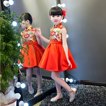 2017 Fete Noi Chinez Qipao Printesa De Imprimare Rochie De Vară Fără Mâneci Roșii Nunta Petrecere De Ziua Cheongsam Rochii Pentru Copii