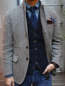 2017 Gri Spic Tweed Jachete Tuxedo Britanic Bărbați Costum Slim Fit Barbati Sacou haina gri sacou de Nunta Personalizate pentru bărbați Costume Pentru Bărbați