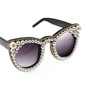 2017 Moda de lux stras ochi de pisica ochelari de soare pentru femei brand designer supradimensionate pisica ochelari de soare perla doamnelor petrecere ochelari negri