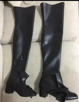 2017 moda pentru femei peste genunchi cizme înalte tocuri joase jambiere negre cizme din piele femei pantofi rochie papion botas mujer coapsei mare