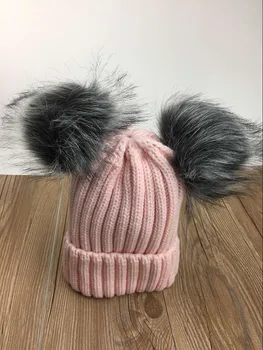 2017 nouă femei drăguț tricotaj acrilic +blană de vulpe pom pom căciuli de iarnă solid pălărie