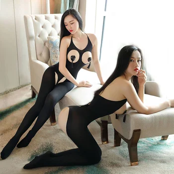 2017 Sexy Negru Pur Deschis Sutien Dresuri Cotchless Ciorap De Corp Chilot Erotic Bodystocking Halter Gol Lenjerie Pentru Femei