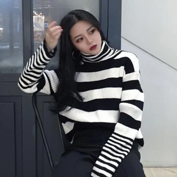 2017 Toamna dungă noua culoare sălbatic show pulover subtire studenți de sex feminin coreeană versiunea de guler înalt pulover cald