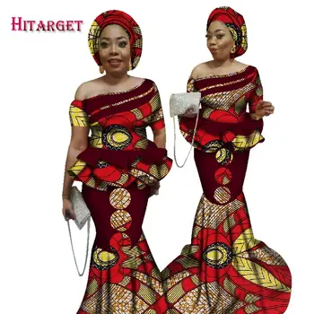 2018 Bazin Riche African Print Kanga Îmbrăcăminte 2 Bucata Set cu Headtie Femei Africane Crop Top Lung Fusta Sirena Set WY2526