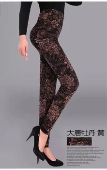 2018 New Sosire toamnă iarnă Stil Plus Catifea Femei jambiere înaltă elastic Plus dimensiune XXXL Imprimare Flori pantaloni femei