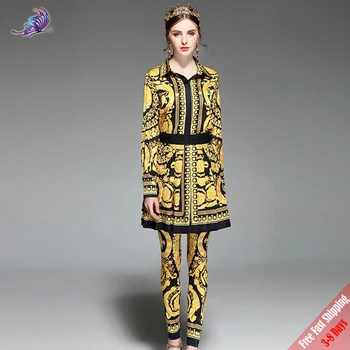 2018 Noua Pistă de Moda Designer de Costum set 3pcs Maneca Lunga Femei Vintage Imprimate Topuri + Fusta Plisata +Pantaloni Lungi Set Gratuit DHL