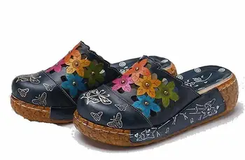 2018 Stil Etnic din Piele Femei Pantofi de Vara, Sandale wedges Slide-uri de Flori lucrate Manual pentru Femei Platforma Papuci de casă