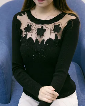 2018 Toamna doamnelor Tricotate cămașă cu mâneci lungi de Femei Pulover coreea Style Slim Sexy Mozaic broderie dantela Pulovere Pulover