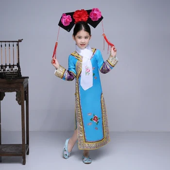3 Buc Caciula + Fular + Costum Qing Costum Chinezesc Manchu Tradițional Rochie de Printesa cu Pălărie pentru Fete