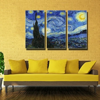 3 Bucati Fara rama stele noapte Murală Vincent Willem van Gogh Imprimate pe panza pictura Acasă Decor de perete de arta lounge personalizate pot