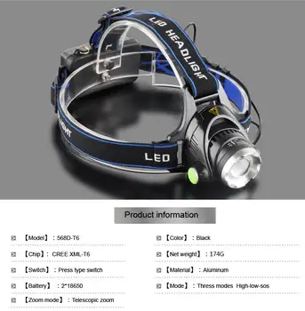 3800LM lampă de Cap Faruri LED CREE T6 18650 Capul lumini faruri + Q5 Mini lanterna LED-uri 2000lm cu Zoom Lanterna Tactice