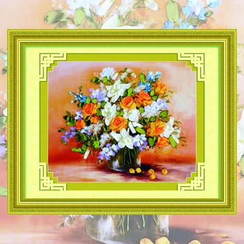 3d Panglica Broderie & diy Decorativ de Panza Pictura, Flori de Trandafir și Crin, lucru Manual Ambarcațiuni goblen Kit de Perete de Arta C-0114