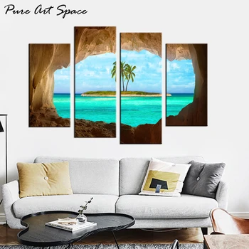 4 Bucata de Panza de Arta de Imprimare Mare pe Perete Poze Pestera Vedere pentru o nucă de Cocos Copac de pe Insula Imagini Decorative pentru Camera