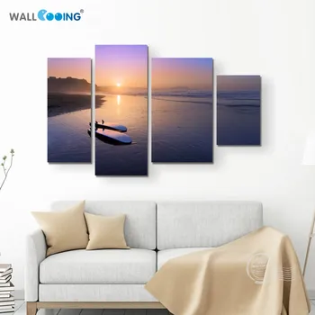 4 panouri de panza pictura Vara podoabă Albastru apus de soare pe plaja de coastă, nava a eșuat imagine de uz Casnic imagine stil Modern de perete