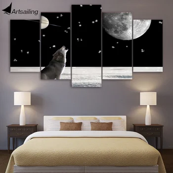 5 Bucată HD Tipărite Lupul Urlă Pictura Noapte cu Lună Panza Printuri Alb-Negru Postere si Printuri transport Gratuit NY-7194C