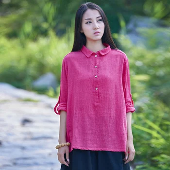 5 culori și lenjerie de bumbac tricou femei cânepă bluză scurtă vrac lichid topuri mediu-lung cu maneci lungi haine de primavara-vara