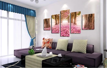 5 Panouri de culoare Roz Floare de Cires Copaci Flori Căzut Adânc Drum Lung Drumul Imagine de Imprimare Perete Panza Pictura personalizate și picătură navă