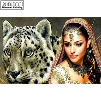 5D DIY diamant broderie Indian fata&leopard diamant pictura Cruce Cusatura complet Stras pătrat de mozaic decor acasă