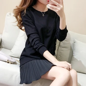 5xl mare plus dimensiunea femei de îmbrăcăminte de primăvară 2016 toamna coreean vestidos subțire ciucure cusatura plisata negru rochie de partid de sex feminin A1963