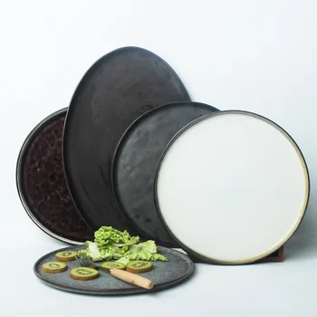 8.5 Inch Japonia Zakka Stil Vase Ceramice & Plăci Din Gresie Ceramică Neagră Rotundă Sub Geamuri Creative Platou Cu Fructe Friptura Tacâmuri Fel De Mâncare