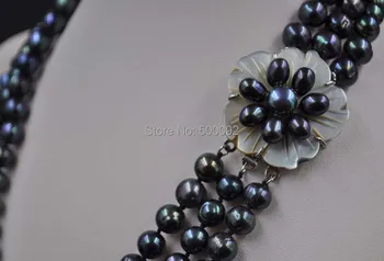8mm 3lines negru de apă dulce colier de perle de flori lucrate manual cu incuietoare