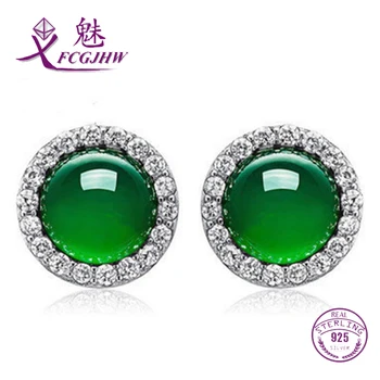 925 Sterling Silver Cercei Stud Pentru Femei Bijuterii Fine Verde Calcedonie Forma Rotunda Cu Zircon Clasic Pentru Femei Elegante