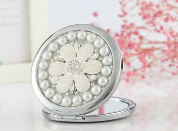 A grava litere gratuit,bling Cristal Mini Frumusete oglinda de buzunar machiaj compact oglindă,perla de floarea-soarelui,din oțel inoxidabil,cadouri de nunta