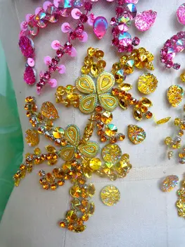 A26 vânzare fierbinte!Handmade roz/auriu cristal patch-uri coase pe Pietre aplicatiile cu pietre, paiete, margele 31*27cm pentru rochie