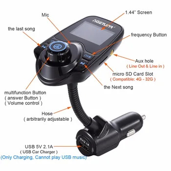 AGETUNR T10 Bluetooth Car Kit Handsfree Set Transmitator FM MP3 Player de Muzică 5V 2.1 a Incarcator Auto USB, AUX Gaura Line in si Line Out