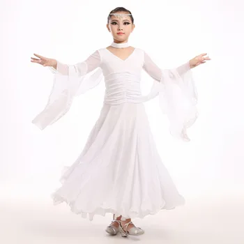 Alb sala de dans rochii pentru copii rochie de bal china fetele concurs de dans rochii de vals flamenco spaniol