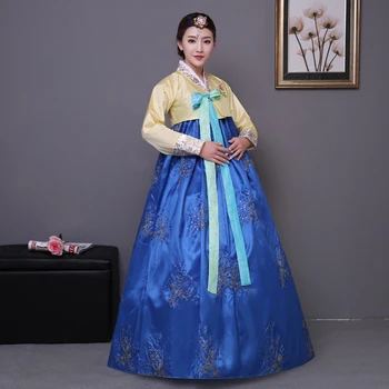 Albastru Broderie tradițională coreeană rochie roz femei din bumbac coreeană hanbok costum național de performanță etapă aisa îmbrăcăminte