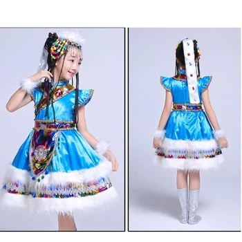 Albastru Copii, Sala de populare chineze pentru dans costume copil mâneci Scurte mongolă naționalitate rochie de dans includ articole pentru acoperirea capului