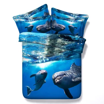 Albastru cuvertură de pat 3d pește delfin carpetă acopere 3/4 buc submarin seturi de lenjerie de pat twin regina full, regele dimensiuni fete copii lenjerie de pat