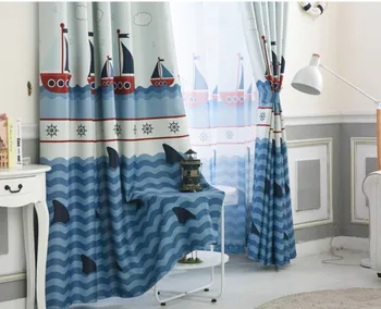 Albastru Perdele Opace pentru Baieti Bedroom Ocean cu Barca pe Mare Cârma Perdele pentru copii, Camera de zi Fereastră Perdele, Jaluzele Tul Pur A17